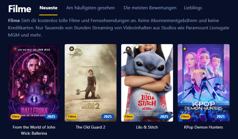Screenshot der Kinokiste-Benutzeroberfläche im Retro-Stil mit grünem Text auf dunklem Hintergrund.